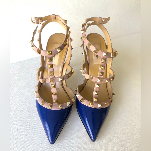 Valentino Garavani rockstud Blue Patent Leather Heels Shoes Size